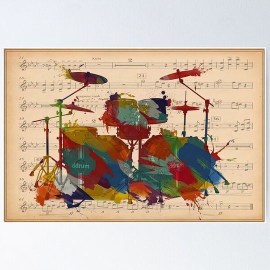 Discover Drummer Colorful Drum set Music Sheet - Drummer Watercolor Lyrics Background