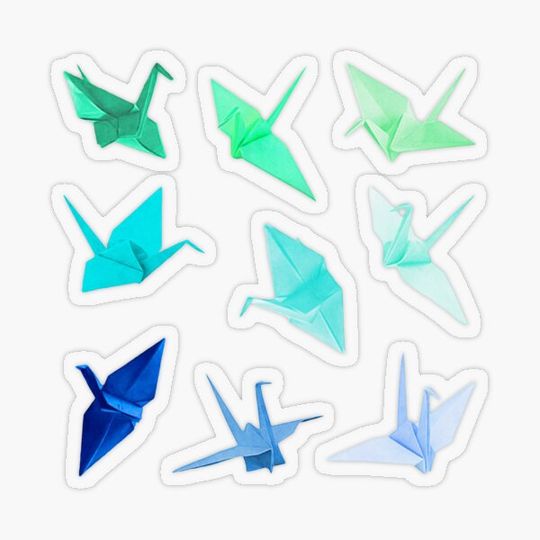 Discover Origami Paper Cranes ~ Colorful Pastel Transparent Sticker Sheet Bundle Pack ~ Collection Set 6~ Emerald Sea Foam Green Neon Lime Bright Blue Teal Cyan