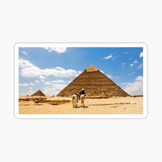 Discover A man riding a horse infront of the pyramid of giza