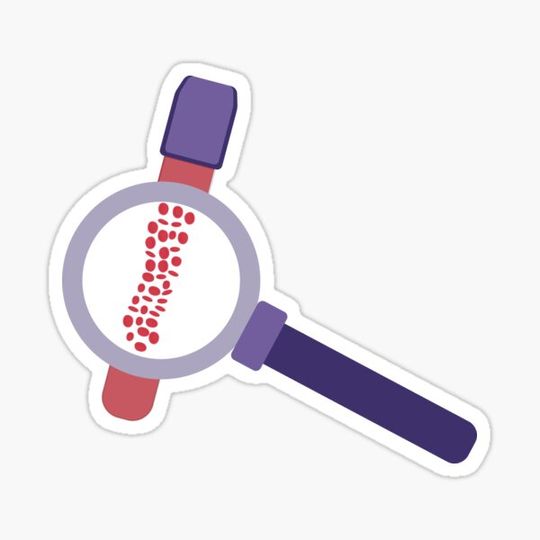 Discover a test tube with blood and a magnifying glass through which red blood cells are visible