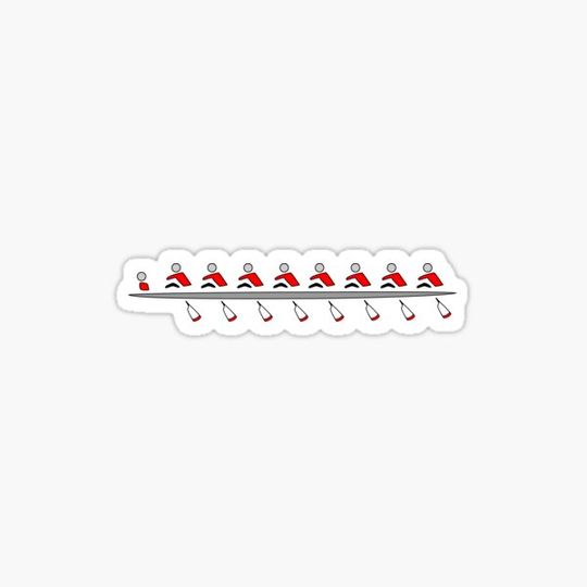 Discover Rowing - an 8+, red & black, light background