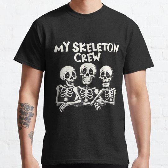 Discover Happy Skeleton Trio Design - 'My Skeleton Crew' Cartoon Graphic