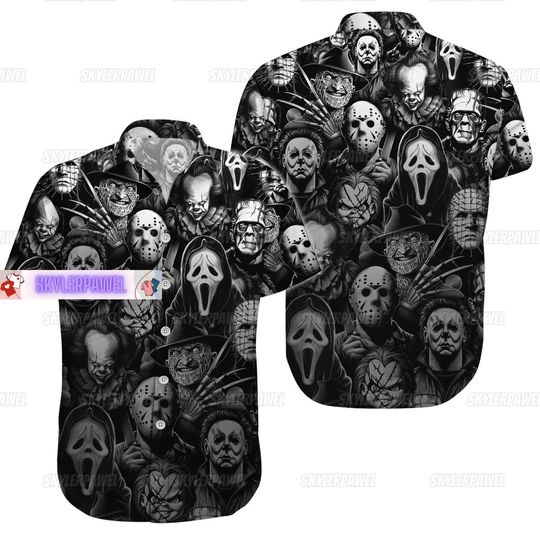 Discover Horror Characters Button Shirt, Halloween Hawaiian Shirt, Halloween Characters Shirt