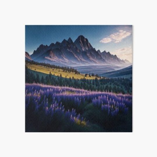 Discover A Serene Mountain Scene with Lupines Swaying in the Gentle Breeze Against a Backdrop of Majestic Peaks, Ai Generated Art