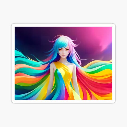 Discover Rainbow-haired Anime Girl - A Colorful and Playful Art