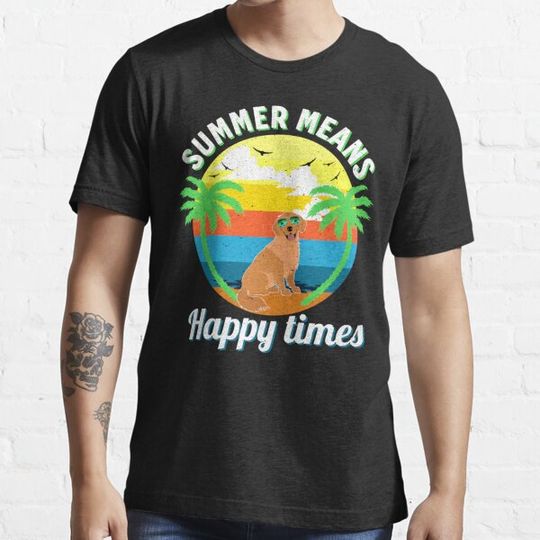 Discover Summer means happy times. Cute Golden Retriever summer quote with sunset background