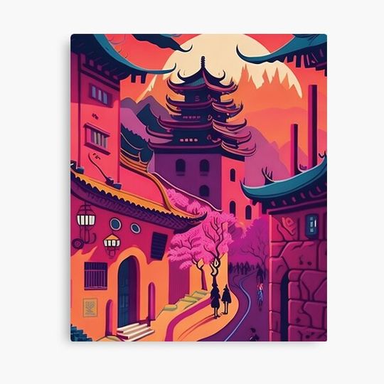Discover Artistic Colorful Illustration of a street in Beijing China with pagodas and Chinese cultural architecture