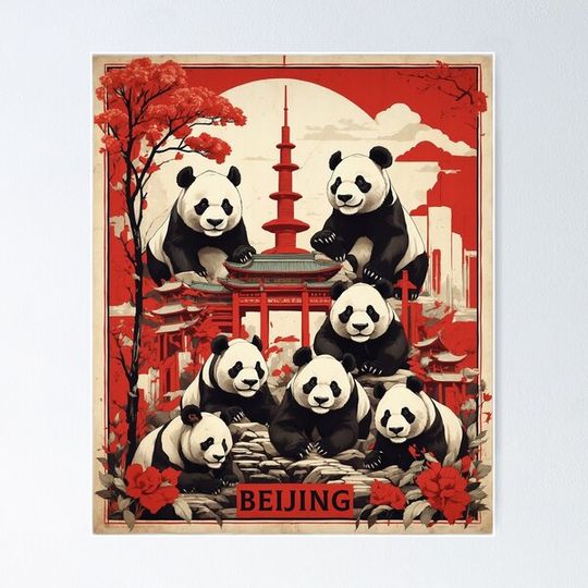 Discover Beijing China Chinese Panda Bear Vintage Poster Tourism