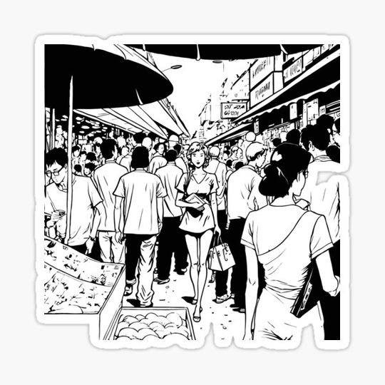 Discover Japan Asian Woman Shopping in Flea Market (Black Line for Bright t-shirt)