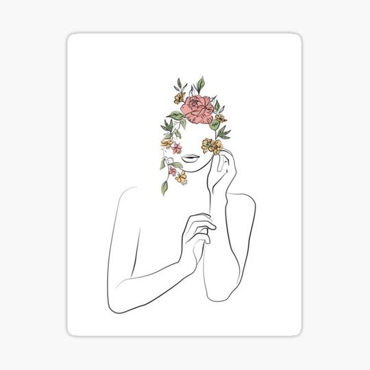 Discover Woman With  Flower Line Art , Head of Flower Art Print