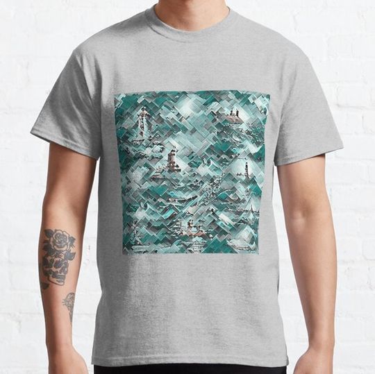 Discover sea, lighthouses, turquoise, triangles, pyramids, geometry, illusions, abstract art, monochrome