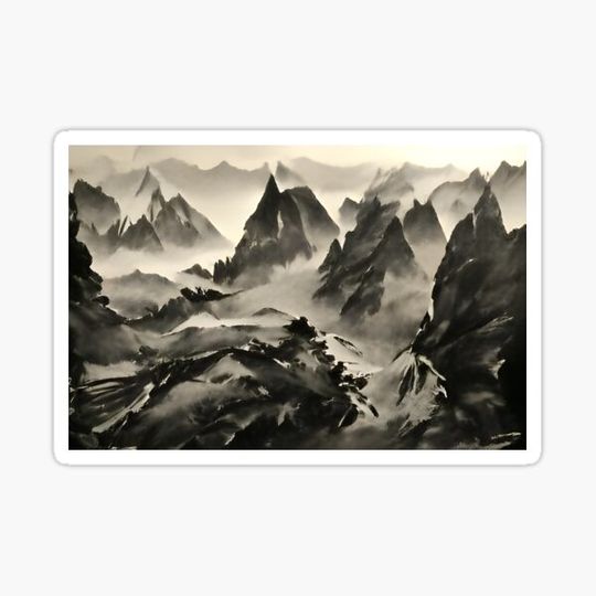 Discover Snowy Mountain Caps Landscape (Black and White), Sumi Ink