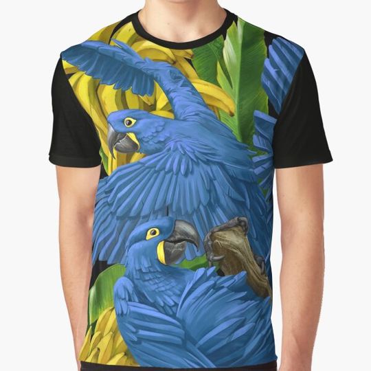 Discover Hyacinth Macaws and Bananas Stravaganza (black background)