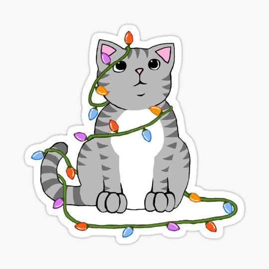 Discover Cute Christmas Cat Wrapped in Xmas Lights Kawaii Gray Tabby