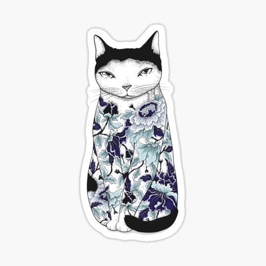 Discover Cat in Blue Peony Tattoo