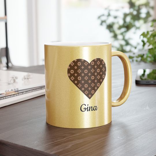 Discover Pesonalizable Stylish Print Heart Gold or Silver Metallic Mug, 11 oz Metallic Mug