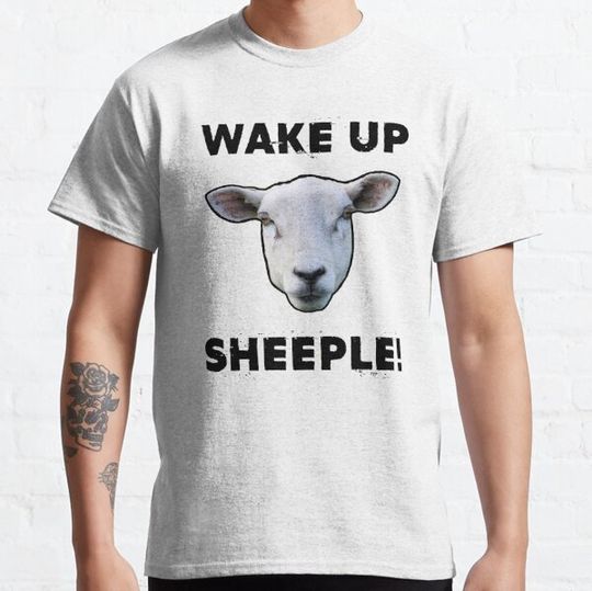 Discover WAKE UP SHEEPLE! Funny Woke Conspiracy Theory Flat Earth Novelty T-Shirt