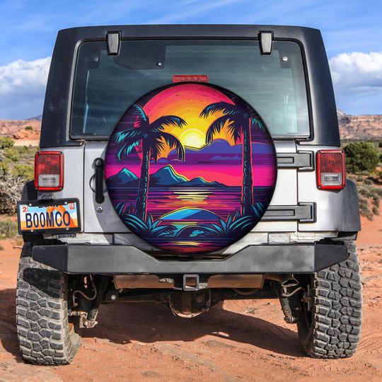Discover Neon Sunset Scene Palm Trees Spare Tire Cover, Tropical Sunsets
