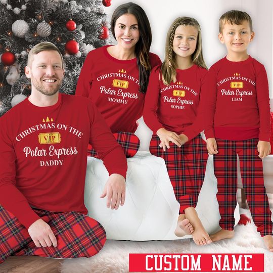 Discover Custom Name Family Pajamas Set, Red Plaid Believe Christmas Po-lar Express Pajama
