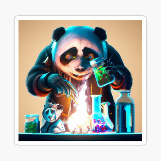 Discover panda mad scientist mixing sparkling chemicals, digital art