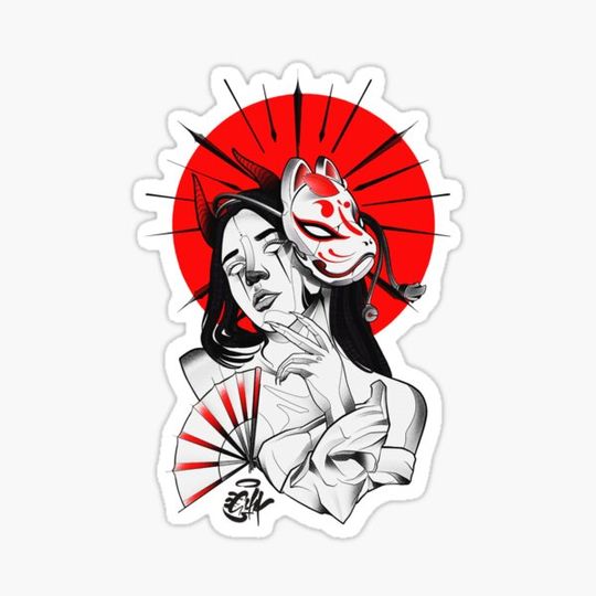 Discover Japanese Geisha Samurai Fox Mask Red Sun