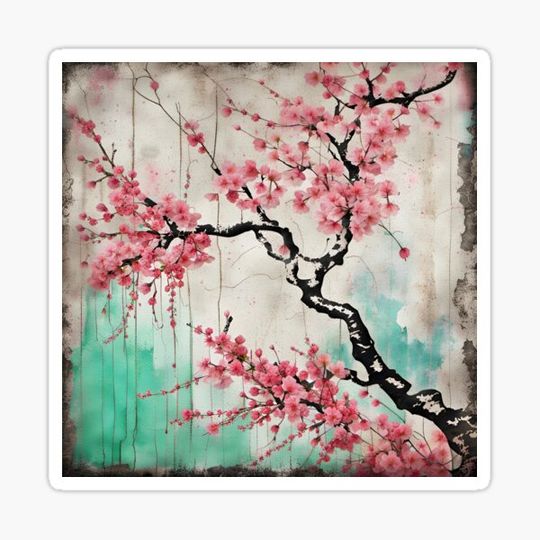 Discover Cherry Blossoms Street Art Style on Distressed Concrete