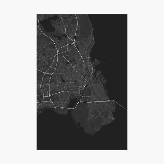 Discover Copenhagen, Denmark Map. (White on black)
