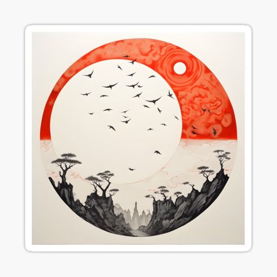 Discover minimalist red sun art print, birds