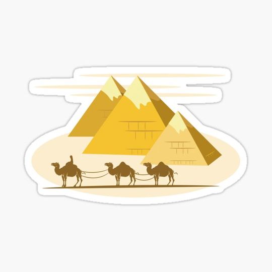 Discover three camels pulling a cart with a pyramid in the background