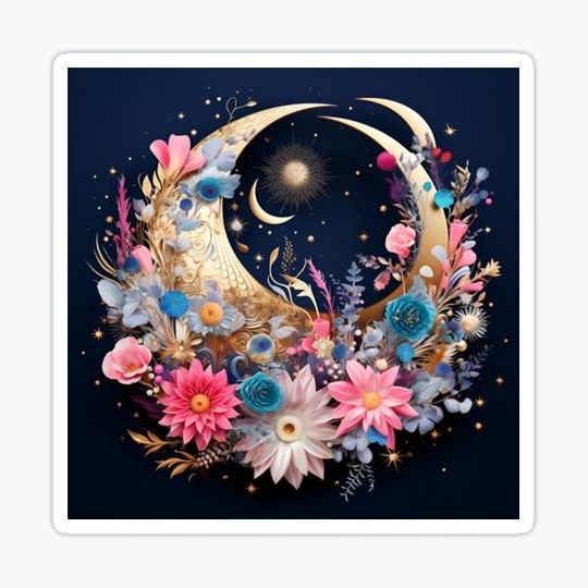 Discover Crescent moon with flowers art print
