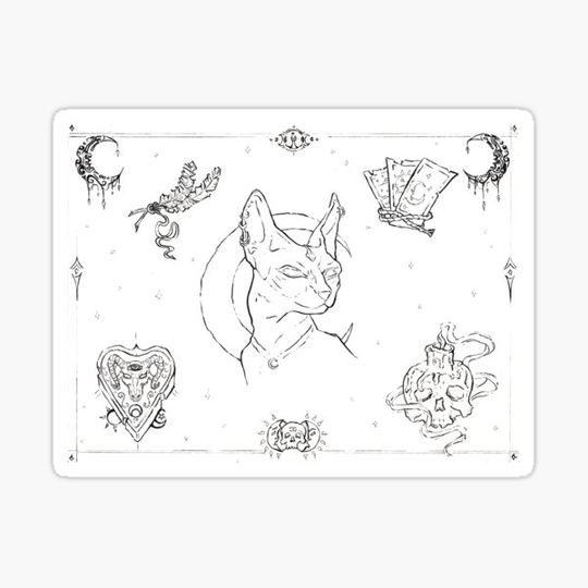 Discover Flash Sheet Wiccan Sphinx Magic inspired traditional tattoo pen and ink