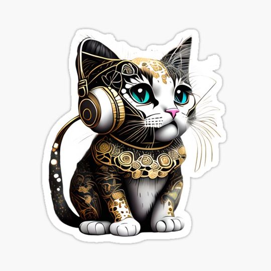 Discover CUTE GOLD BLACK KITTY IN HEADPHONES 1