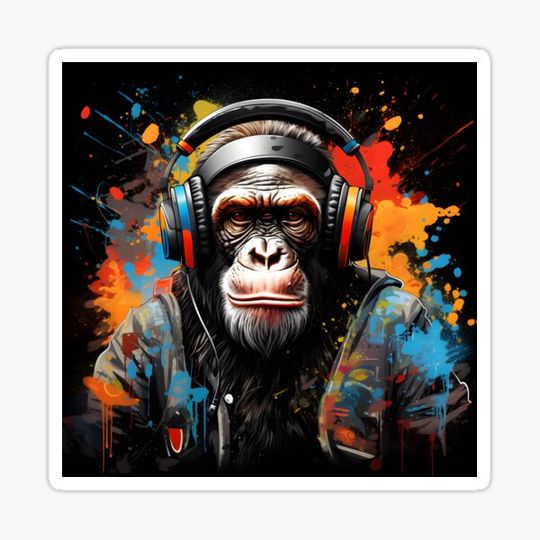 a cool chimp with headphones on listening to music. A digital illustration, in a spatter graffiti style