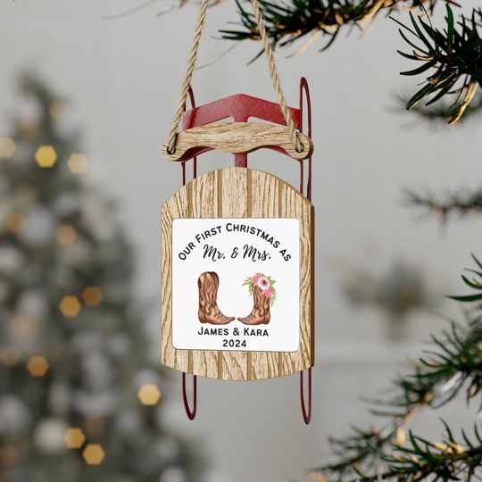 Discover Our First Christmas Personalized Wooden Sled Ornament, Western Style Newlywed Ornament