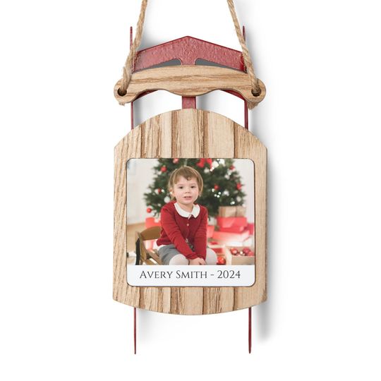 Discover Personalized Child Photo Sled Ornament Custom Name 2024 Holiday Christmas