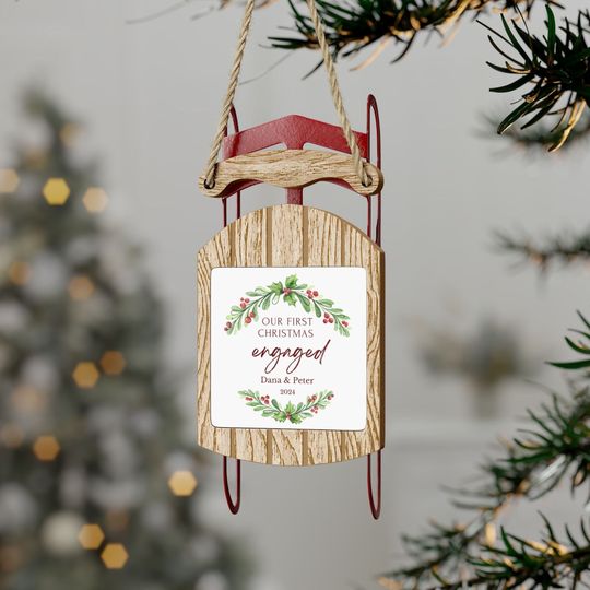 Discover Custom engaged sled ornament, personalized engagement ornament, last name christmaso rnament, gift for engagement, our first christmas 2024