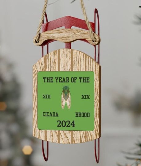 Discover Year of the Cicada 2024, Green Sled Christmas Ornament, Christmas Sled, Tree Decoration