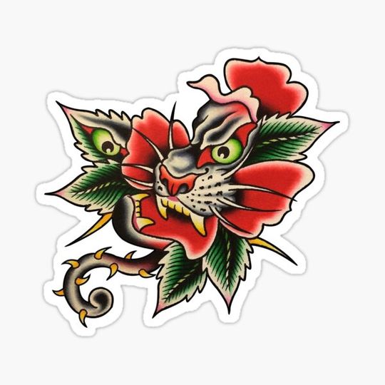 Discover Traditional Panther face in Rose Tattoo