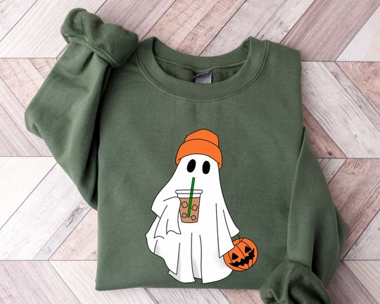 Discover Cute Ghost Drinking Coffee Sweatshirt, Ghost Ice Coffee, Spooky Season