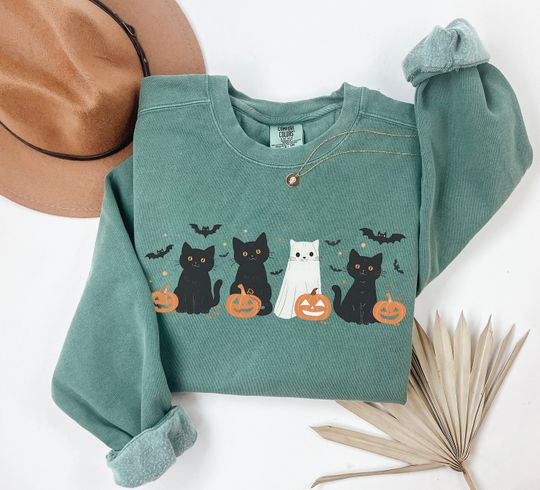 Discover Halloween Cat Sweatshirt, Ghost Sweatshirt, Ghost Cat Shirt, Happy Halloween
