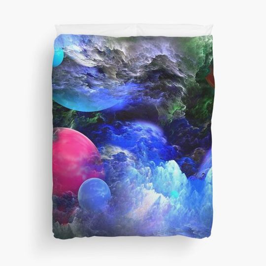 Discover Infinite Planets, Multi Universe, red, blue, green, white clouds duvet cover sheets, room bedding, trendy basic