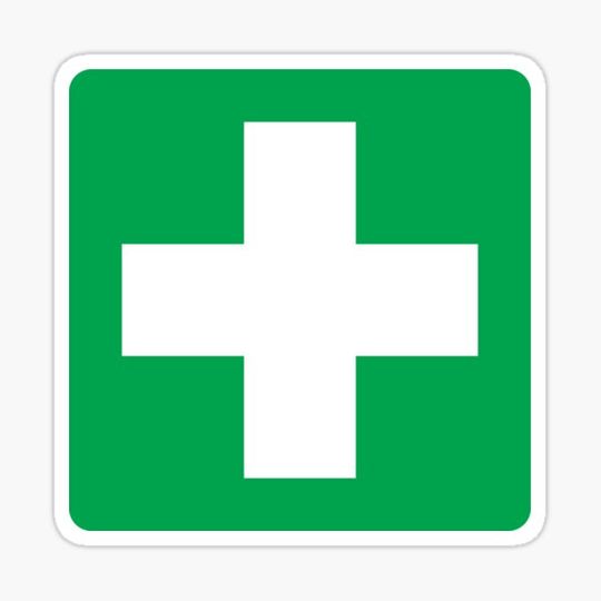 Discover First aid symbol stickers, white cross on green background