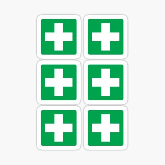 Discover First aid symbol stickers, white cross on green background