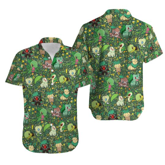 Discover Grass Type Hawaiian Shirt - Featuring Bulbasaur and Chikorita