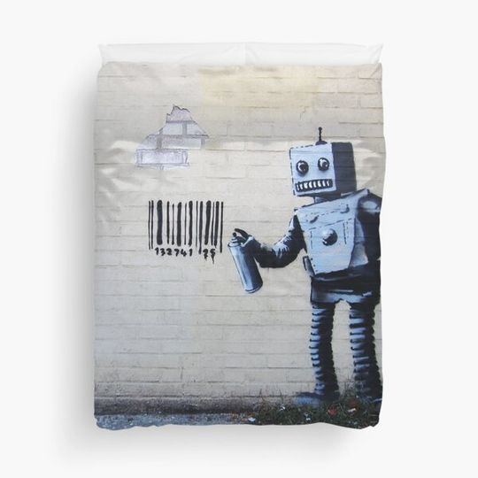 Discover Banksy graffiti smiling Robot and barcodes Better Out Than In New York City residency on brick wall