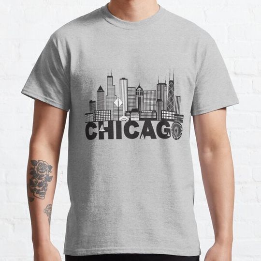 Discover Chicago City Skyline Text Black and White Illustration