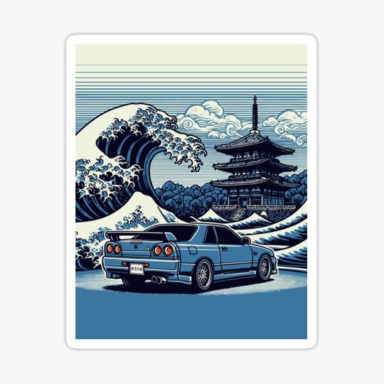 Discover Skyline Car with Great Wave and Japanese Temple - BNR34 GTR JDM