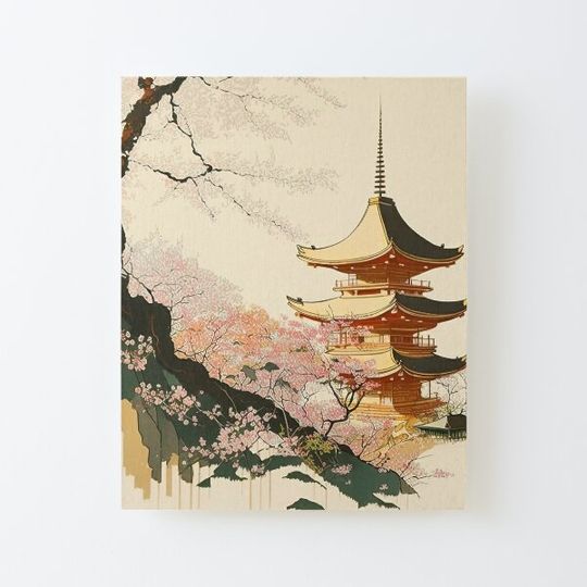 Discover Ukiyo-e Japanese Art - Omuro Pagoda and Cherry Blossoms