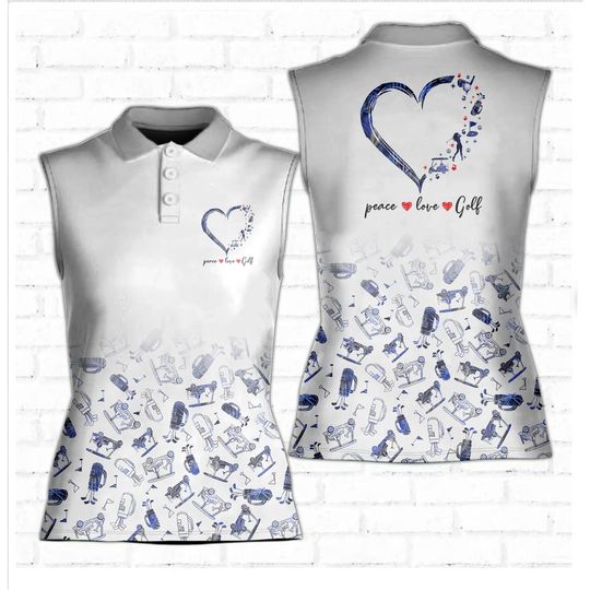 Discover Peace Love Golf Heart Golf Seamless Marble Pattern Women Sleeveless Polo
