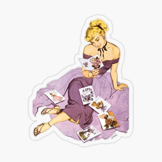 Discover Vintage Blonde Pin-up Reading Love Letters in Purple Dress